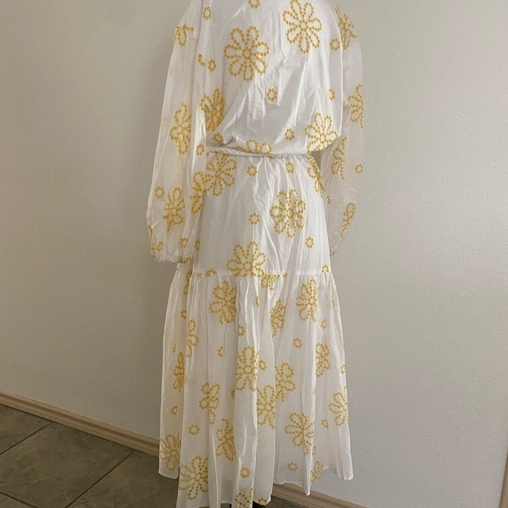 Alexis White Yellow Cottage Core Embroidered Eyelet Midi‎ Dress Women's Large - Picture 9 of 13